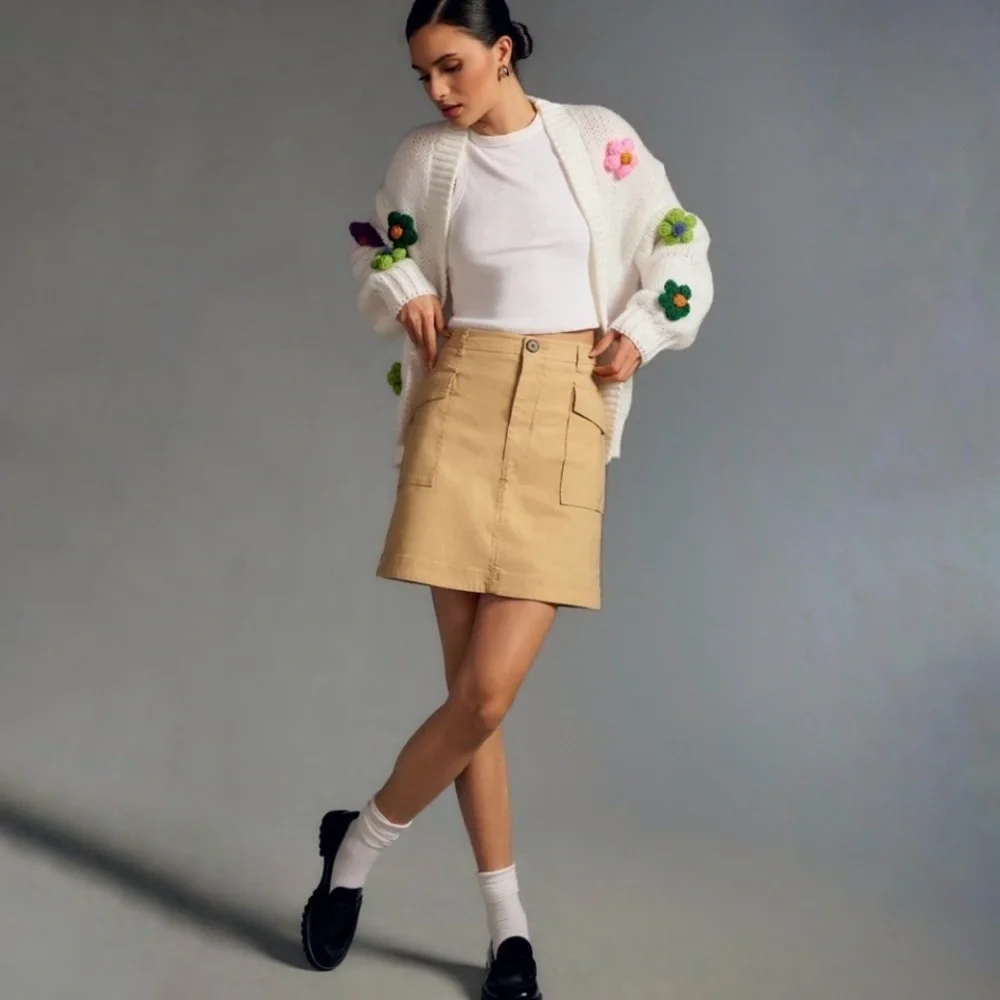 Anthropologie Maeve Susannah 3D Flower Cardigan Open Front Knit Sweater White OS
